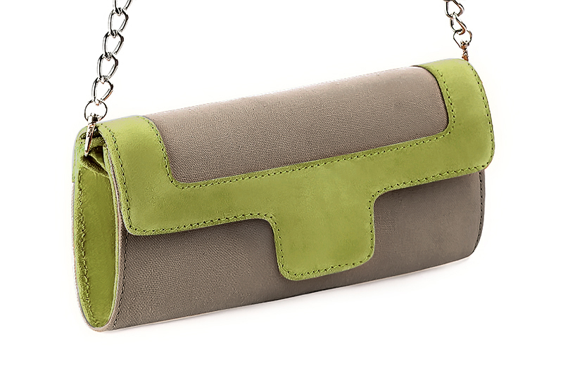 Dress clutch for wedding and parties in taupe brown and pistachio green - Front view